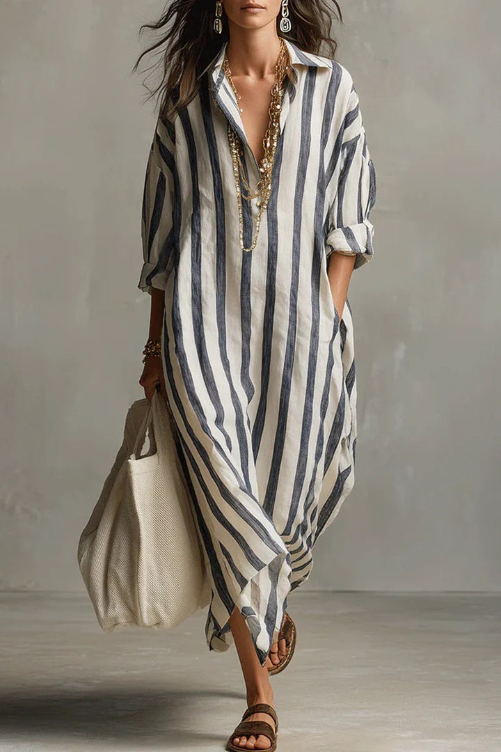 Vestido largo bohemio estilo camisa a rayas casual