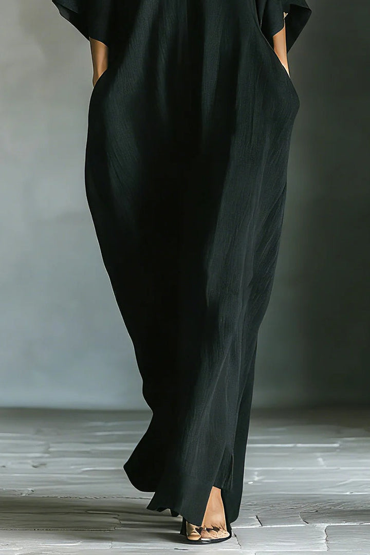 Ropa larga negra oversize para mujer en mezcla de algodón, con mangas kimono y bolsillos