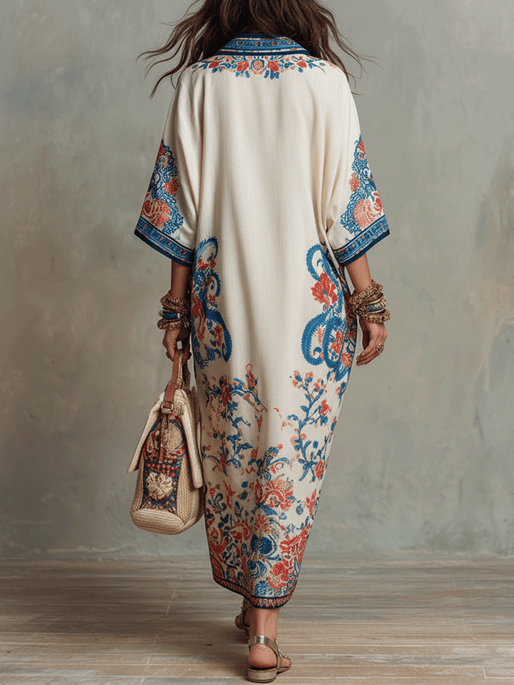 Robe midi kaftan bohème à imprimé floral cachemire en ivoire et bleu