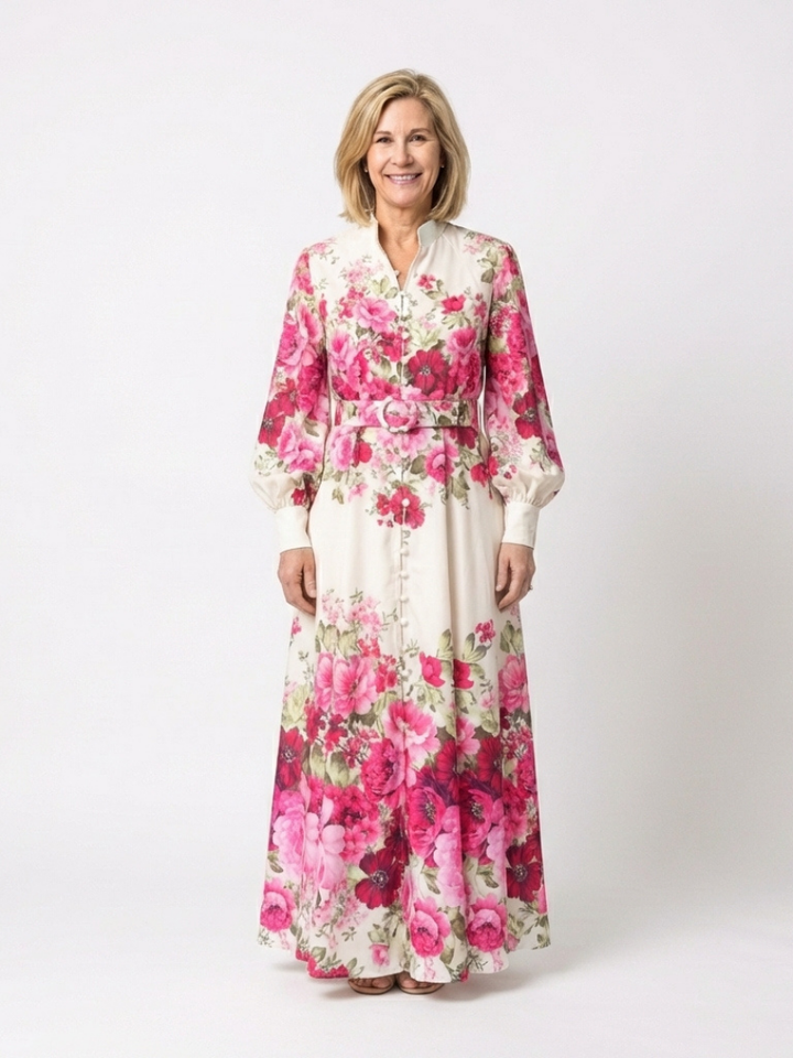 Kennedy | Vestido Maxi Floral de Manga Larga con Cinturón