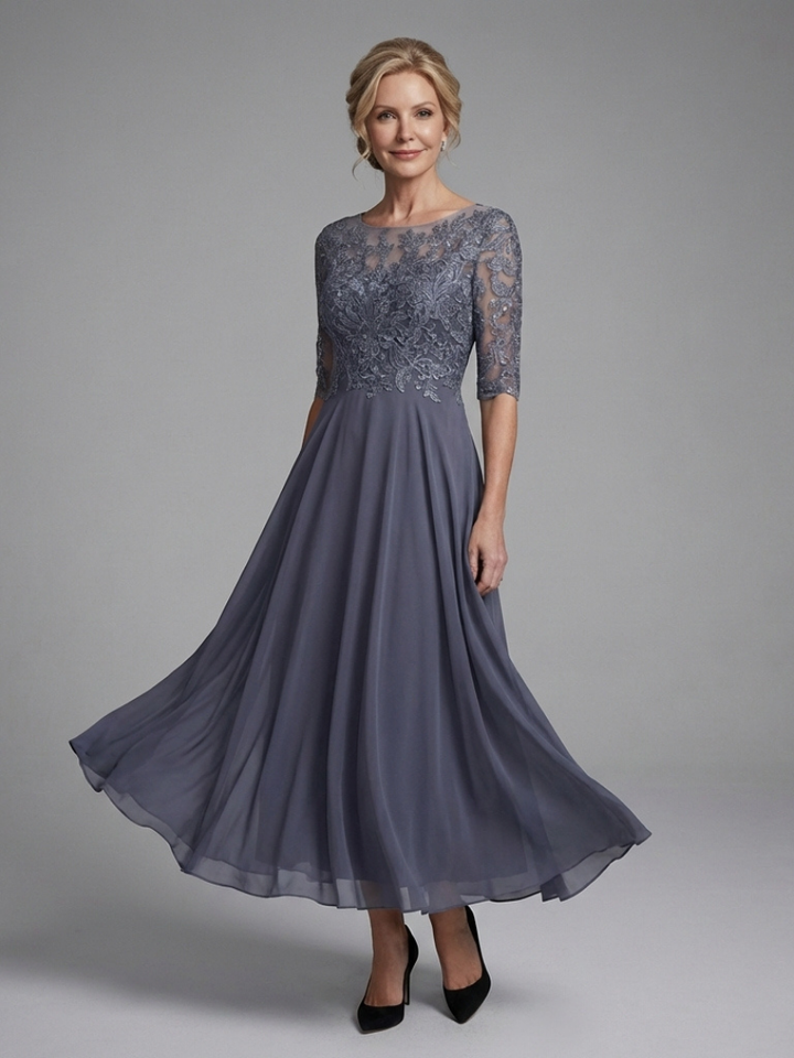 Olivina | Vestido Midi con Cuerpo de Encaje y Mangas Transparentes