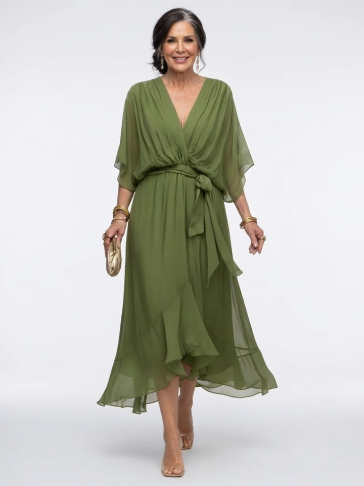 Elysia | Vestido Midi con Escote en V y Cintura Ajustable