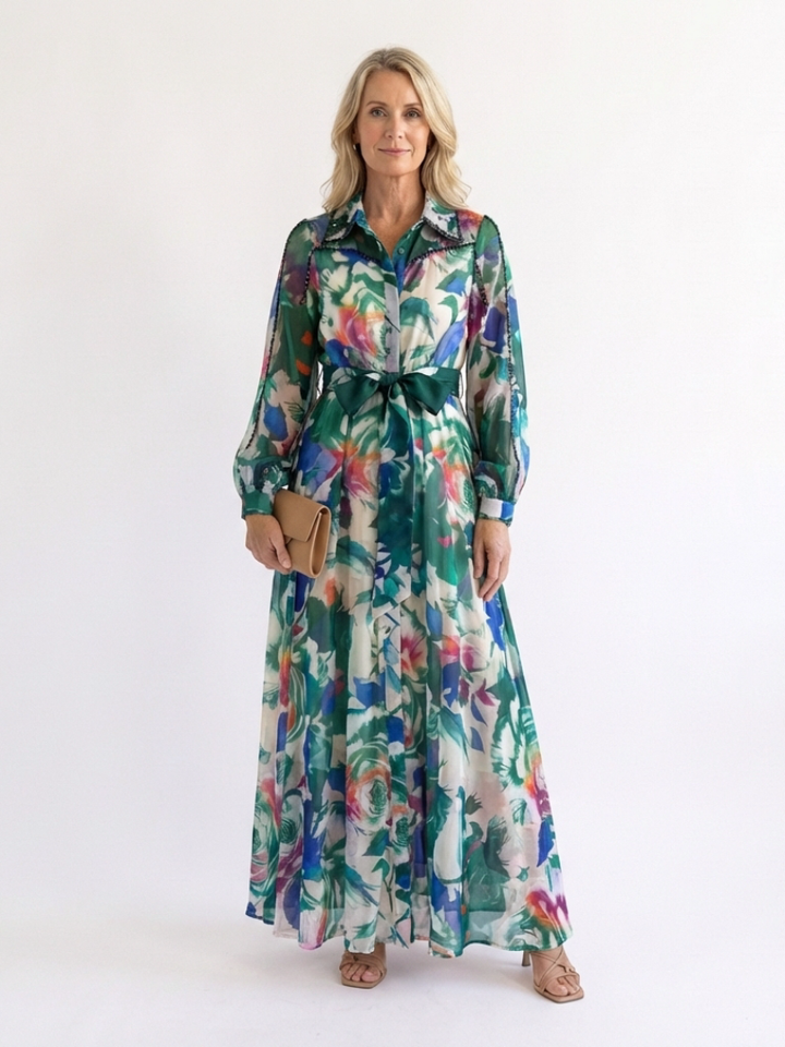 Carolina | Vestido Largo Impreso con Cinturón de Manga Larga