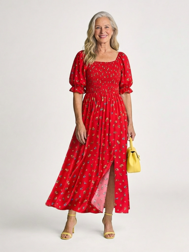 Delphine | Vestido Midi de Manga Abullonada con Escote Cuadrado y Flores