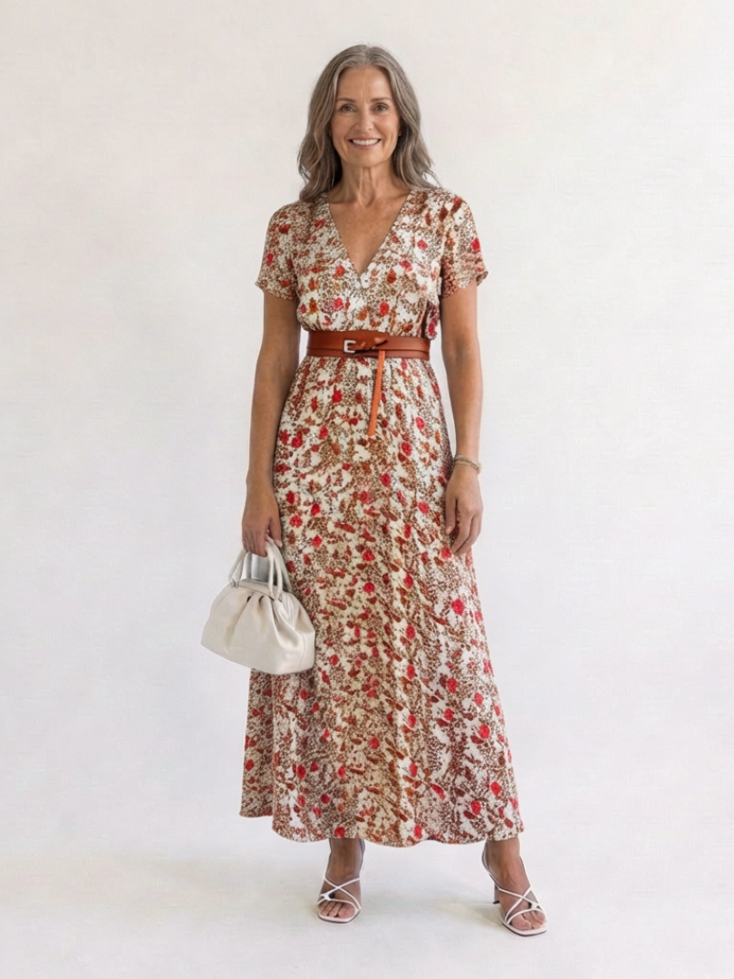 Lyra | Elegante vestido midi con estampado floral y escote en V