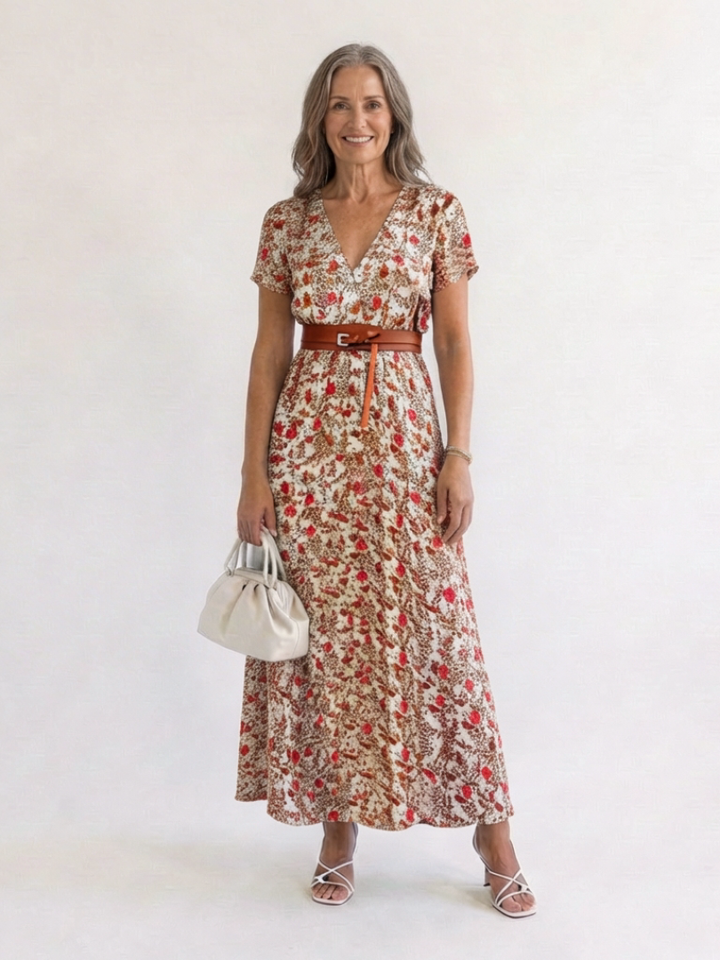 Lyra | Elegante vestido midi con estampado floral y escote en V