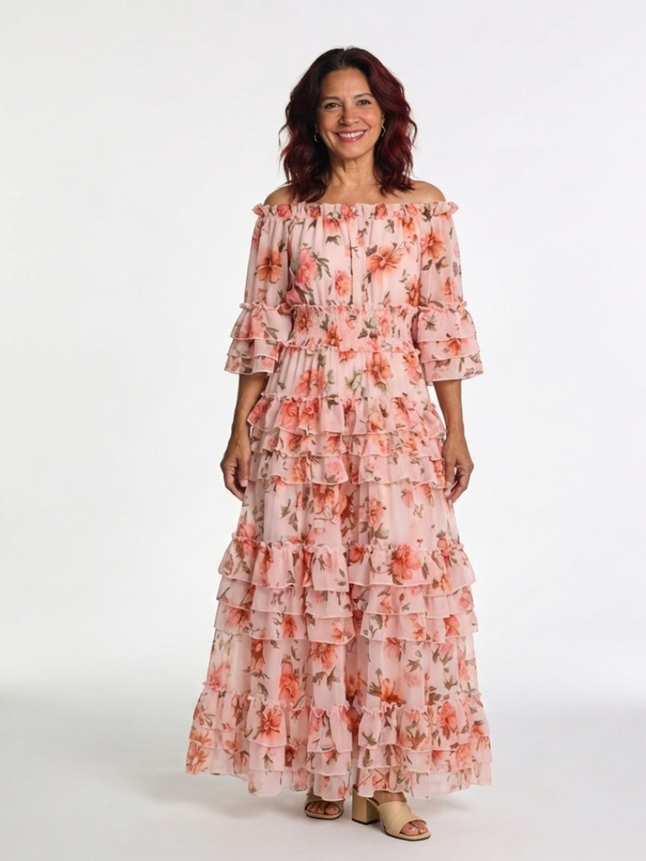 Rosalie | Vestido Maxi con Volantes de Flores y Hombros Descubiertos