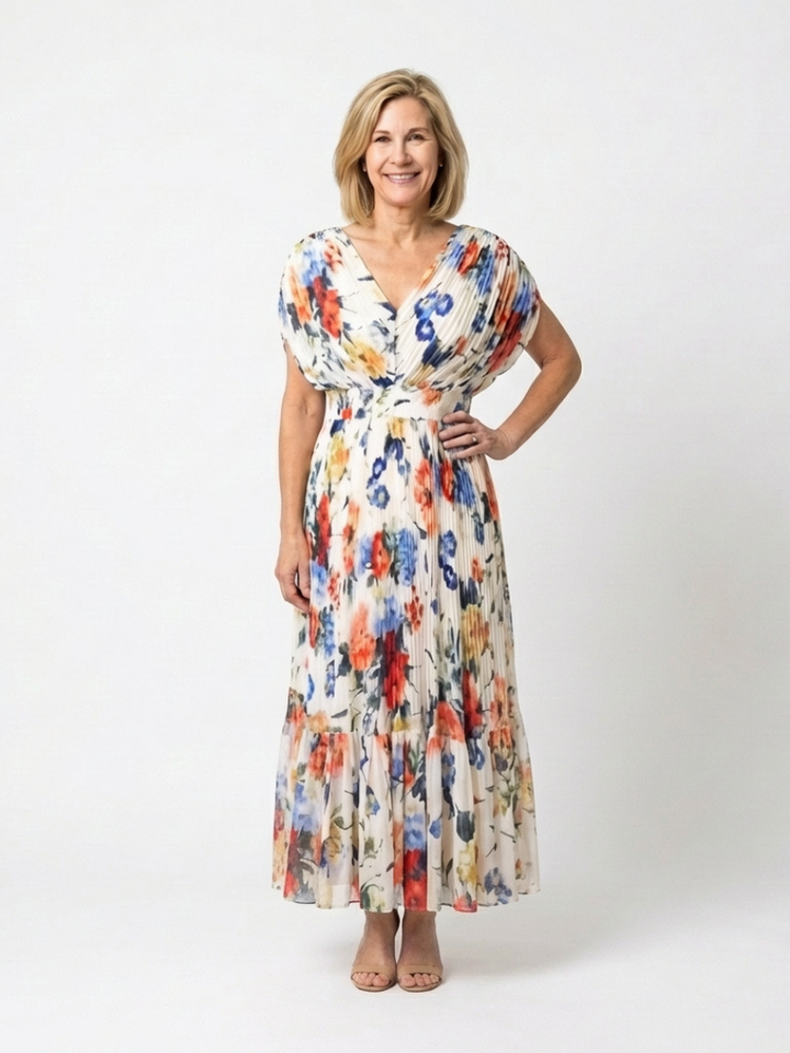Savannah | Vestido Midi Floral con Mangas Cortas y Pliegues