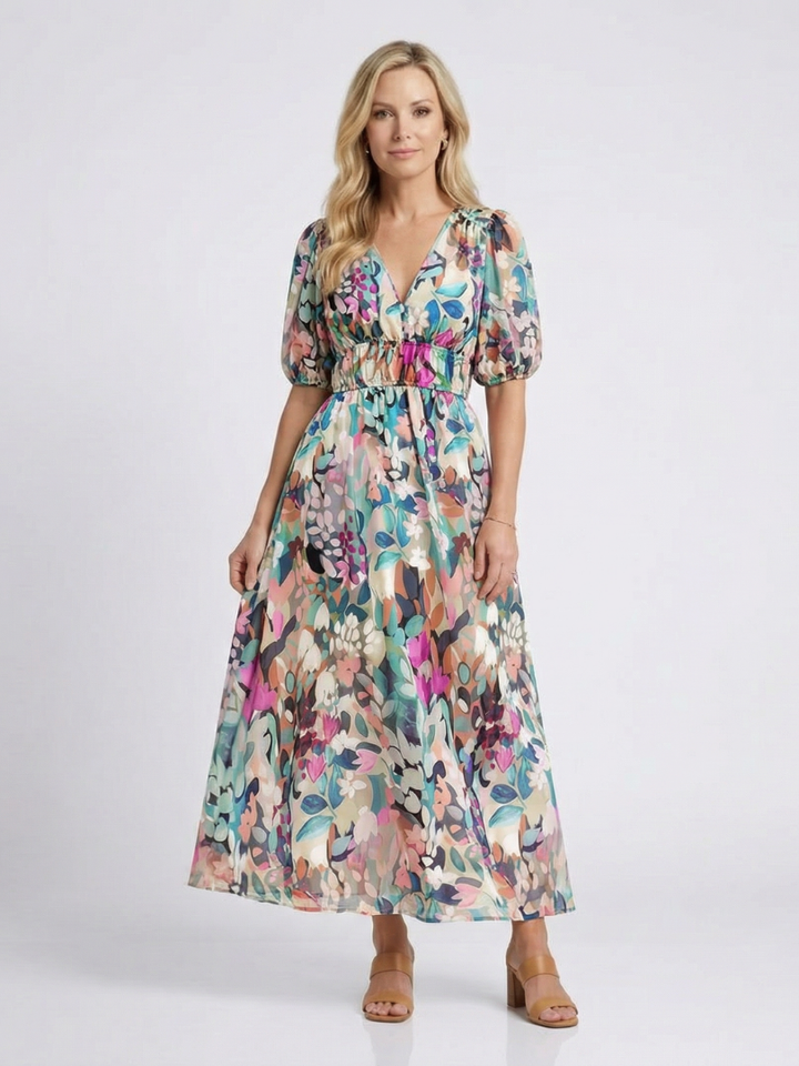 Eulalie | Vestido Midi de Manga Corta con Escote en V y Cintura Fruncida