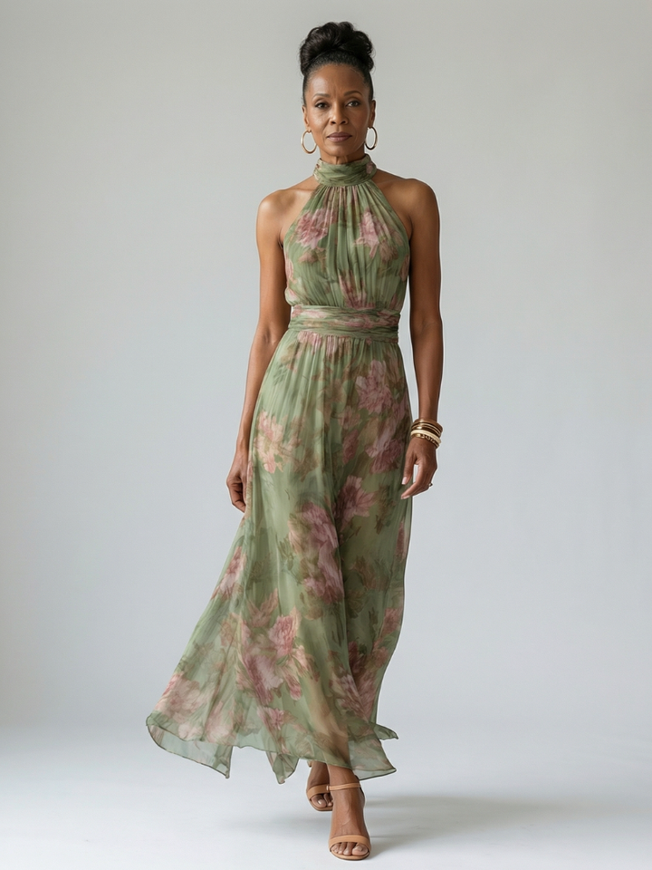 Mirelle | Vestido Midi con Cuello Halter Fruncido