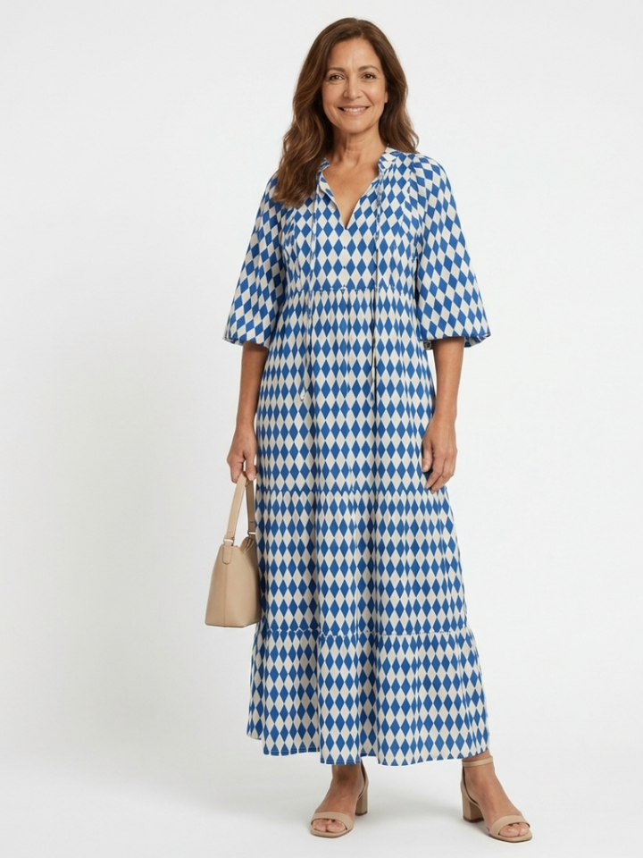 Elodie | Vestido midi acampanado con estampado de diamantes