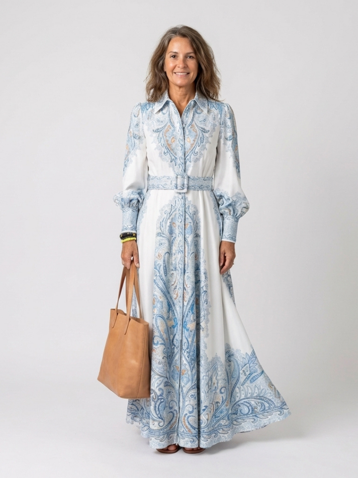 Sierra | Vestido Maxi de Manga Larga con Cuello Alto Impreso