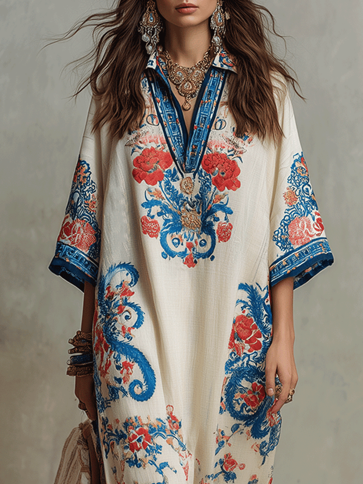 Robe midi kaftan bohème à imprimé floral cachemire en ivoire et bleu