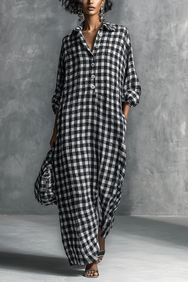 Vestido largo estilo camisa a cuadros en blanco y negro casual para mujer