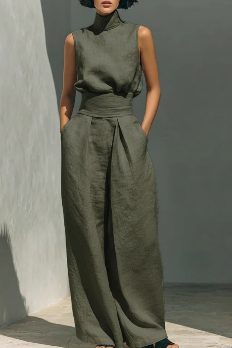 Conjunto minimalista para mujer de algodón y lino, compuesto por una blusa sin mangas y un pantalón ancho
