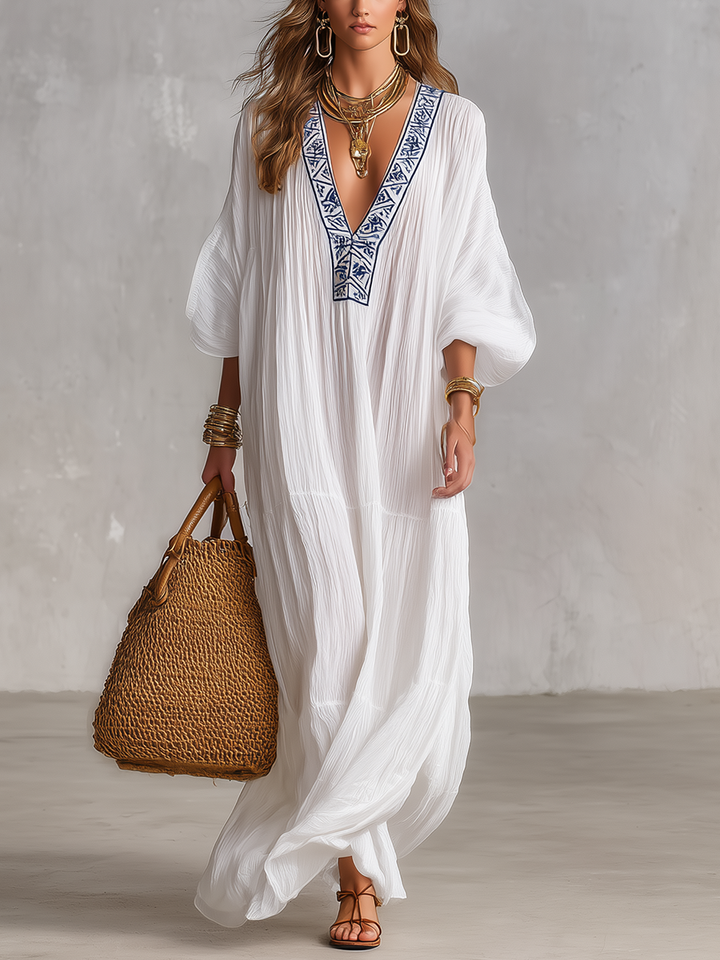 Vestido largo kaftán blanco bohemio con cuello en V bordado en tejido arrugado