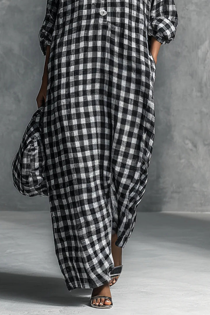Robe longue style chemise à carreaux noir et blanc décontractée pour femme