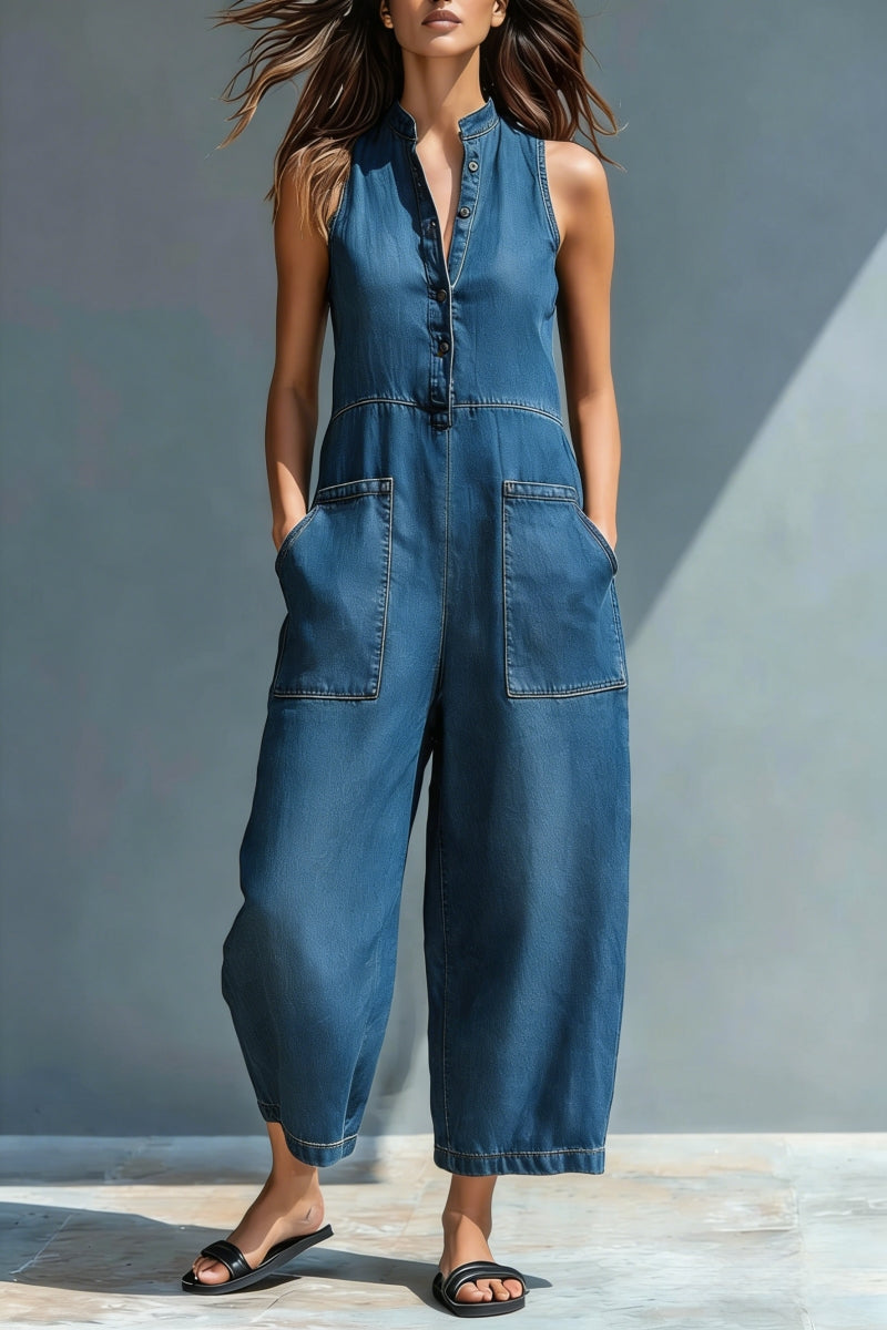 Mono de denim sin mangas, holgado, con cuello de camisa y botones, estilo retro