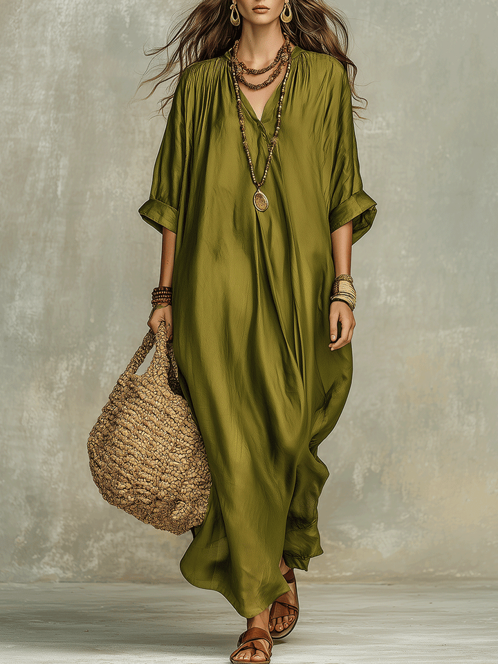 Vestido largo bohemio relajado verde oliva