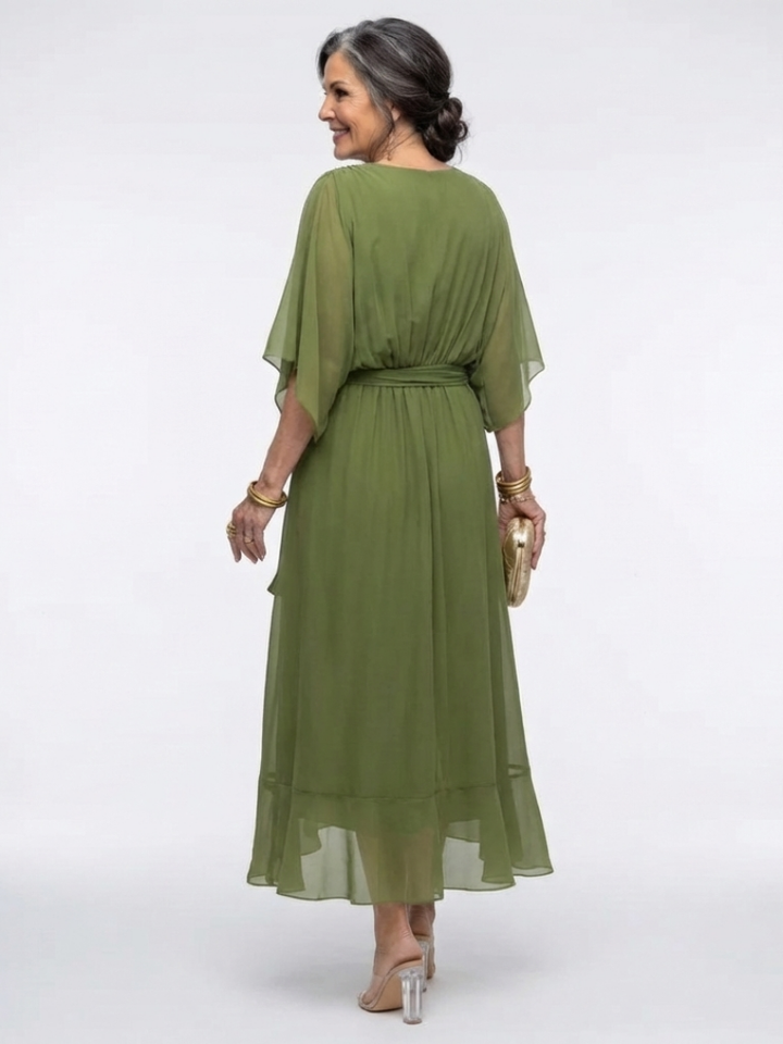 Elysia | Vestido Midi con Escote en V y Cintura Ajustable