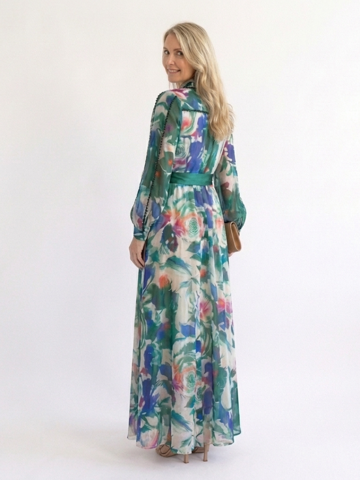 Carolina | Vestido Largo Impreso con Cinturón de Manga Larga