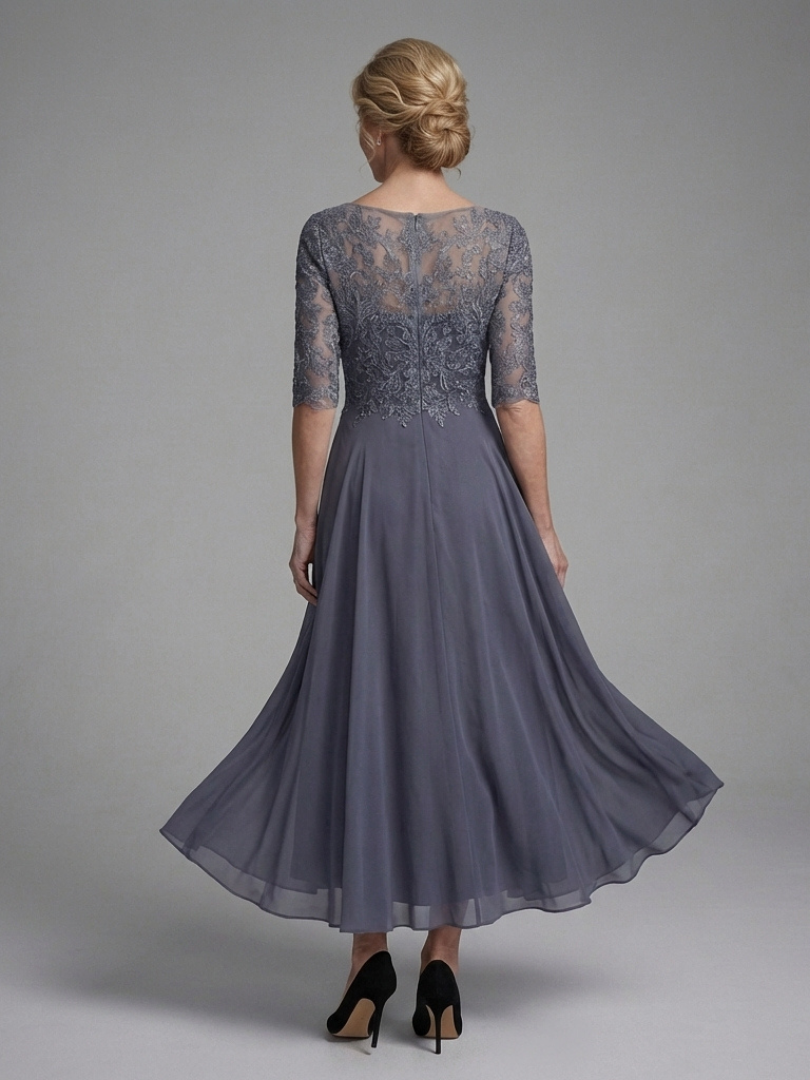Olivina | Vestido Midi con Cuerpo de Encaje y Mangas Transparentes