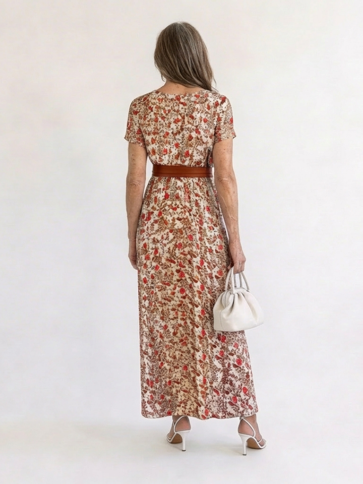 Lyra | Elegante vestido midi con estampado floral y escote en V