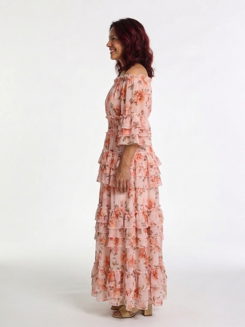 Rosalie | Vestido Maxi con Volantes de Flores y Hombros Descubiertos