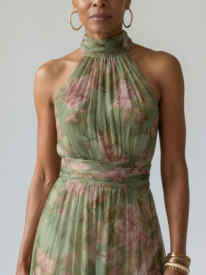 Mirelle | Vestido Midi con Cuello Halter Fruncido