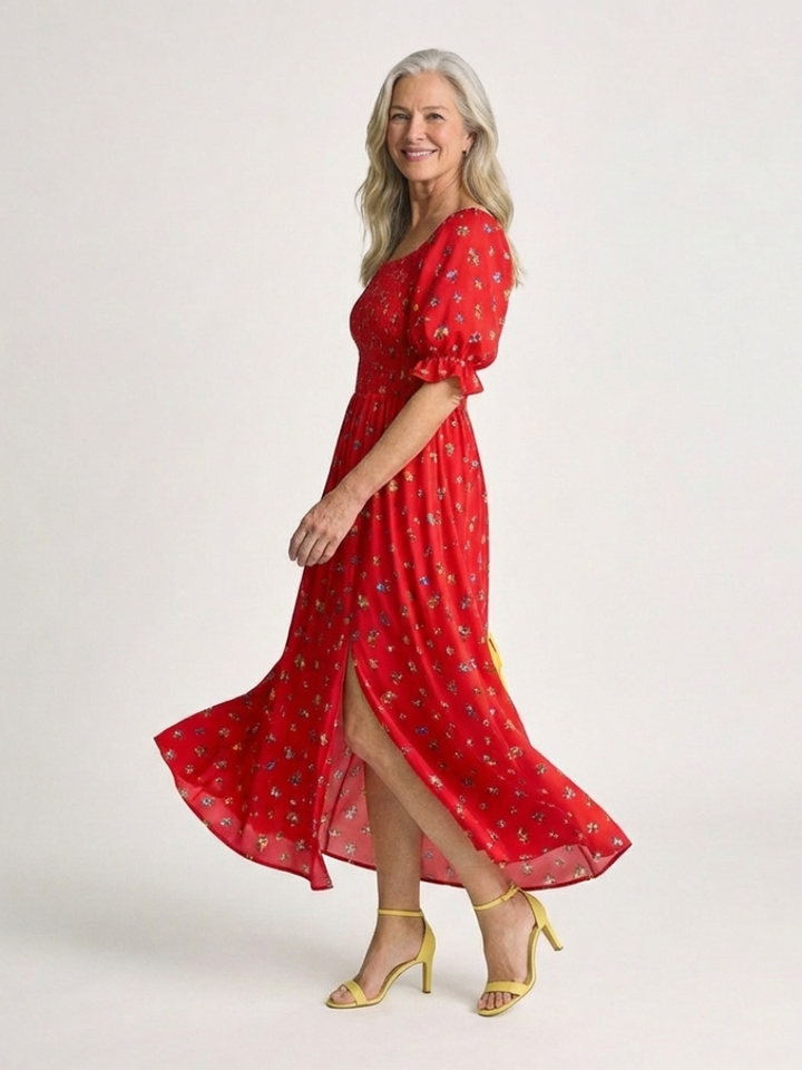 Delphine | Vestido Midi de Manga Abullonada con Escote Cuadrado y Flores