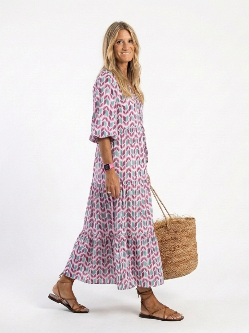 Mireya | Vestido Midi de Manga Larga con Estampado Geométrico
