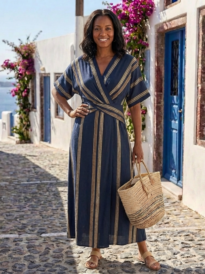 Safira | escote en V manga corta a rayas Wrap vestido midi