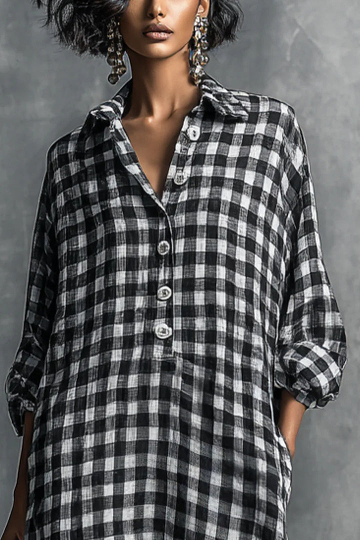 Robe longue style chemise à carreaux noir et blanc décontractée pour femme