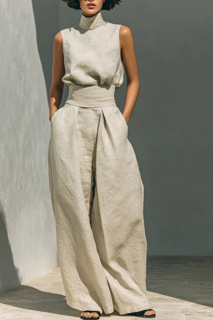 Conjunto minimalista para mujer de algodón y lino, compuesto por una blusa sin mangas y un pantalón ancho