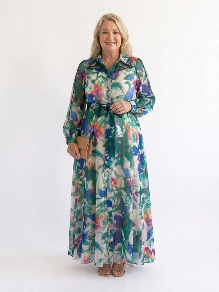Carolina | Vestido Largo Impreso con Cinturón de Manga Larga