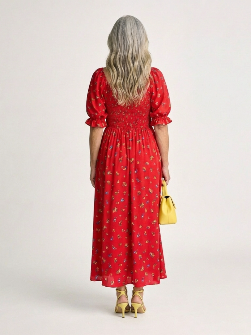 Delphine | Vestido Midi de Manga Abullonada con Escote Cuadrado y Flores