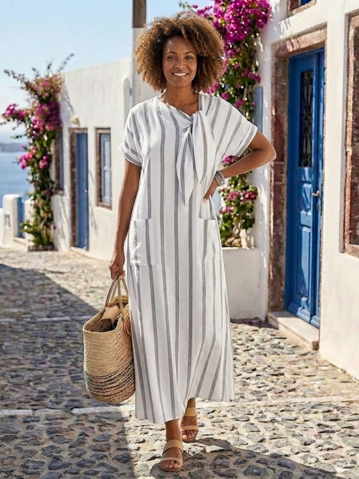 Elisa | manga corta a rayas cuello con lazada con bolsillos vestido midi