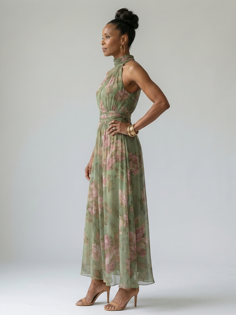 Mirelle | Vestido Midi con Cuello Halter Fruncido