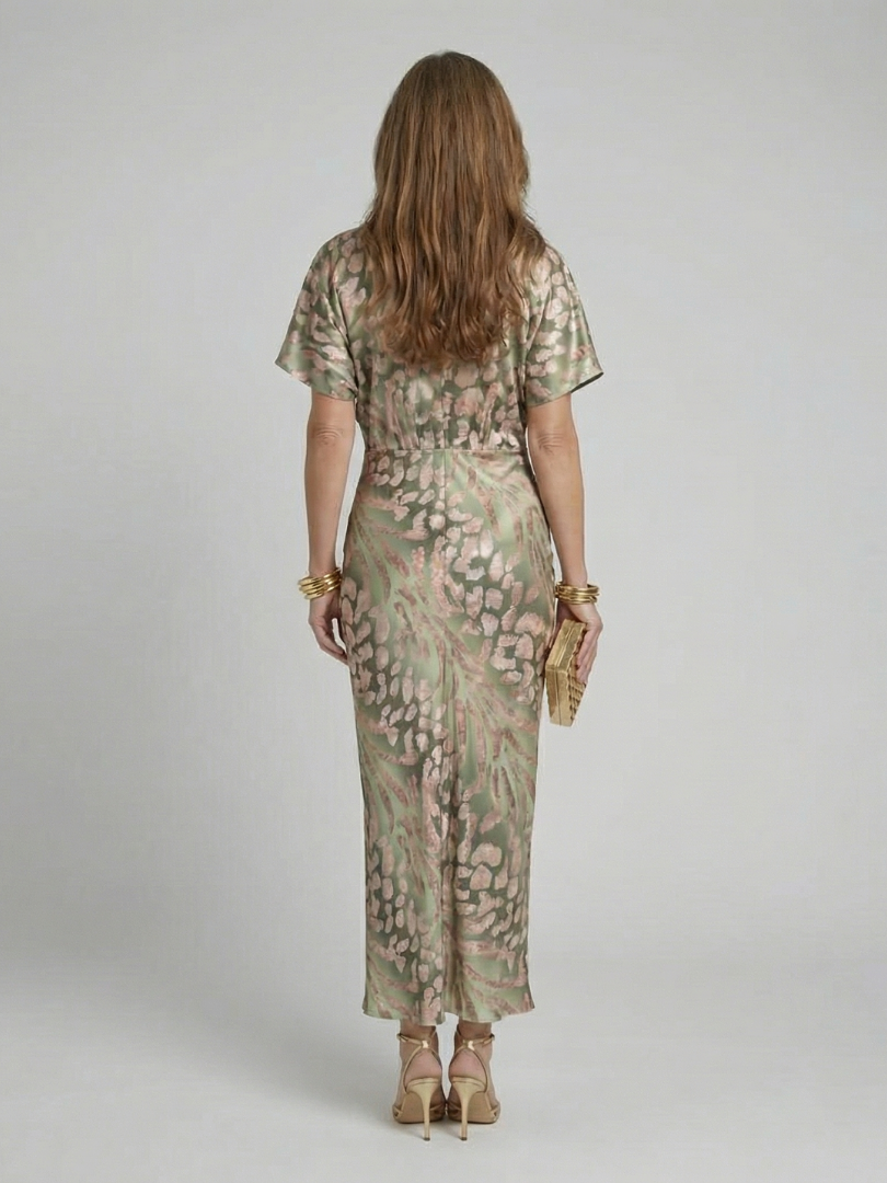 Coralie | Vestido Midi con Estampado Abstracto y Cuello en V con Cintura Torcida