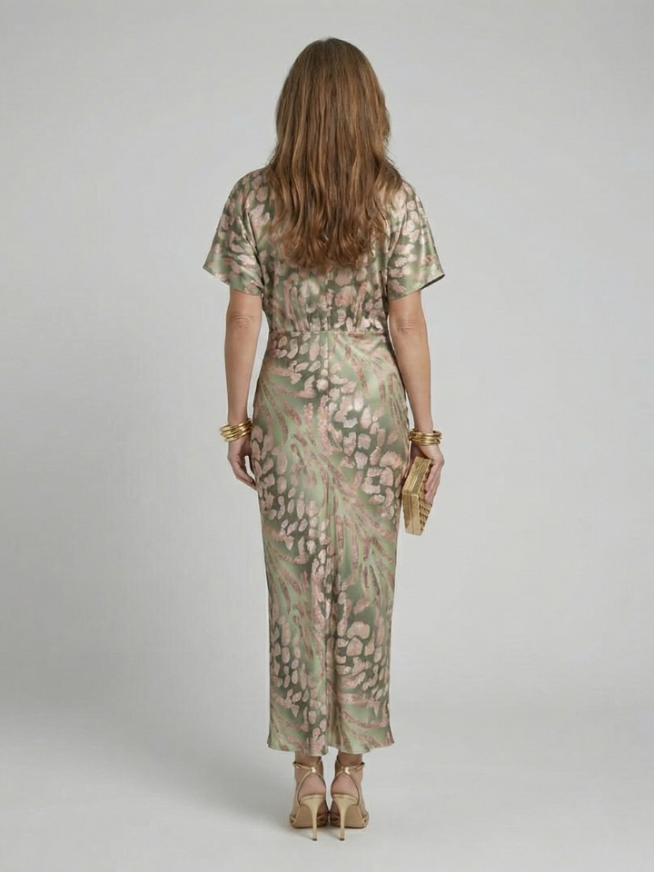 Coralie | Vestido Midi con Estampado Abstracto y Cuello en V con Cintura Torcida