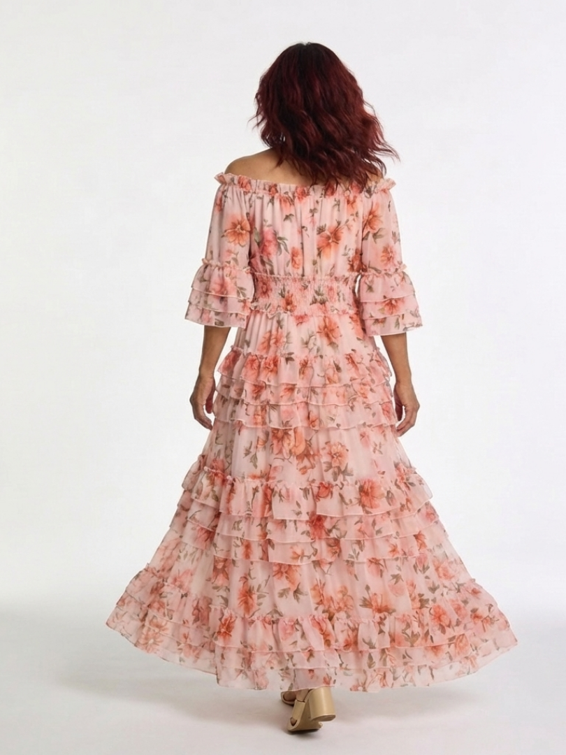 Rosalie | Vestido Maxi con Volantes de Flores y Hombros Descubiertos