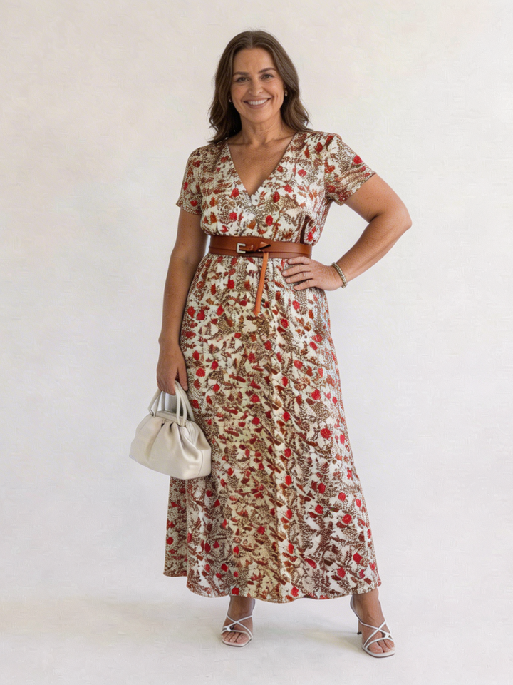 Lyra | Elegante vestido midi con estampado floral y escote en V