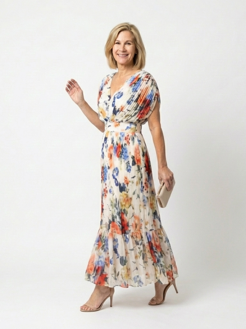 Savannah | Vestido Midi Floral con Mangas Cortas y Pliegues
