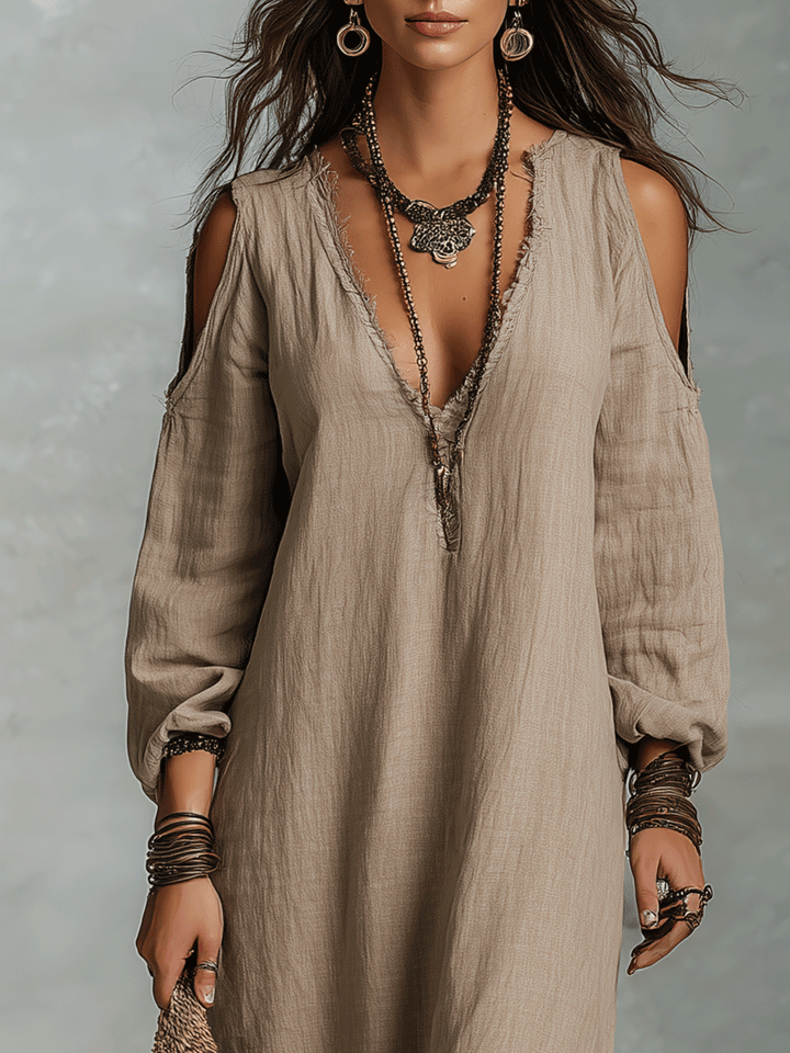 Robe midi bohème en lin à épaules dénudées et coupe décontractée