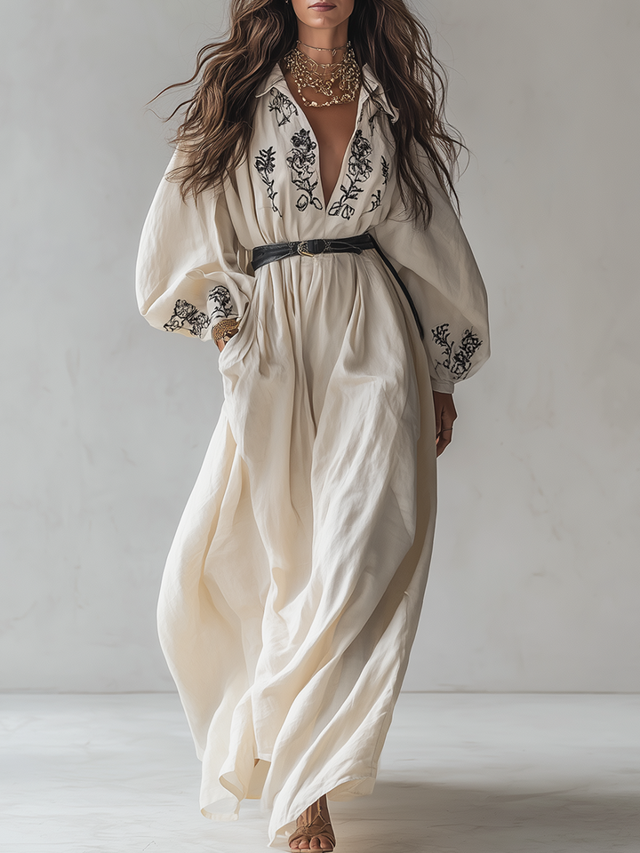 Vestido camisero largo de lino crema bordado con mangas abullonadas