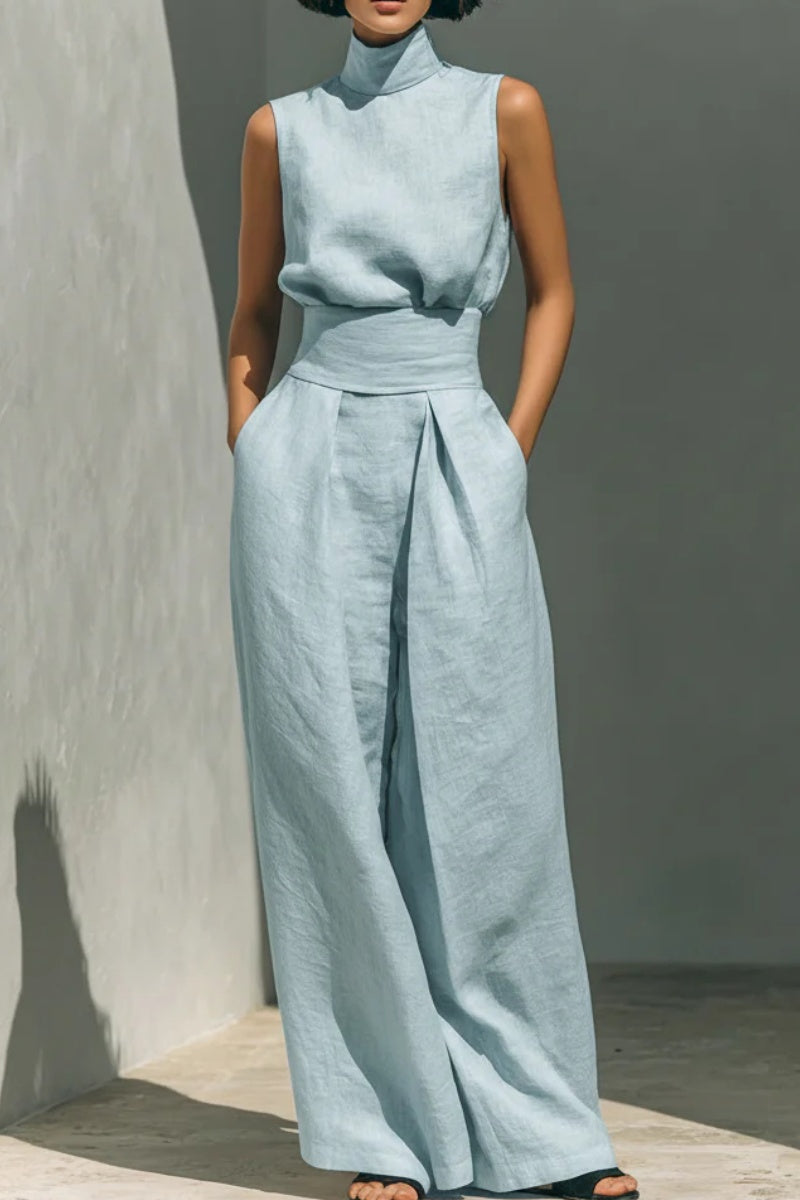 Conjunto minimalista para mujer de algodón y lino, compuesto por una blusa sin mangas y un pantalón ancho