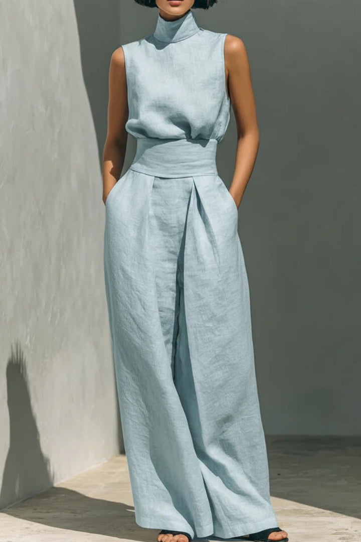 Conjunto minimalista para mujer de algodón y lino, compuesto por una blusa sin mangas y un pantalón ancho