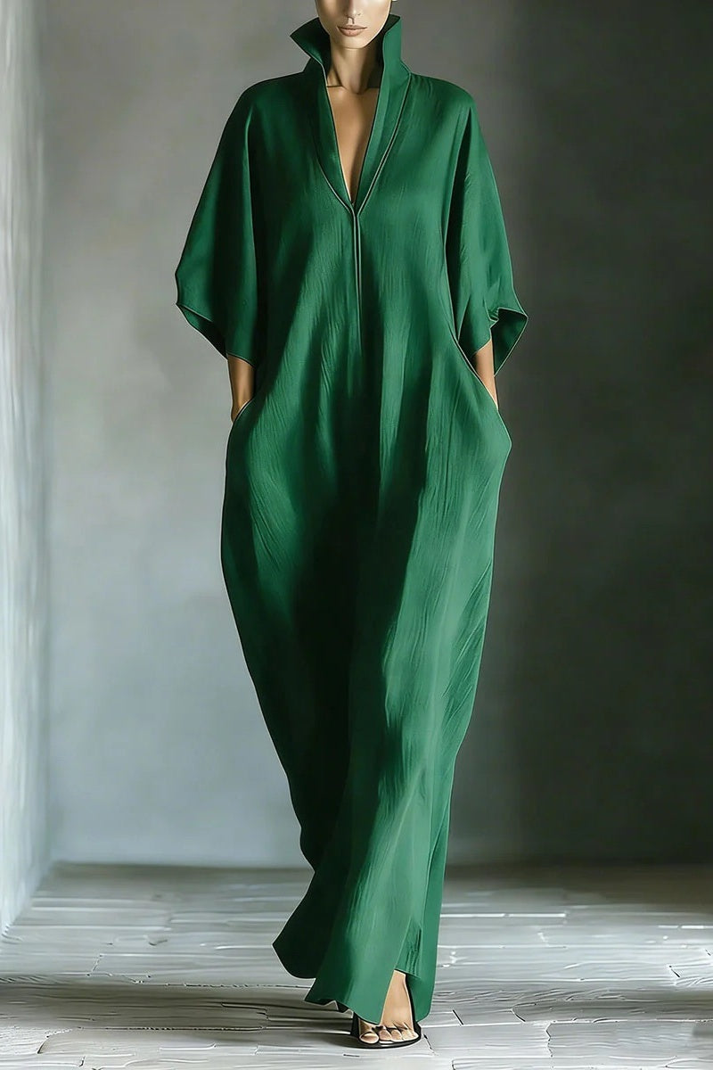 Ropa larga negra oversize para mujer en mezcla de algodón, con mangas de kimono y bolsillos