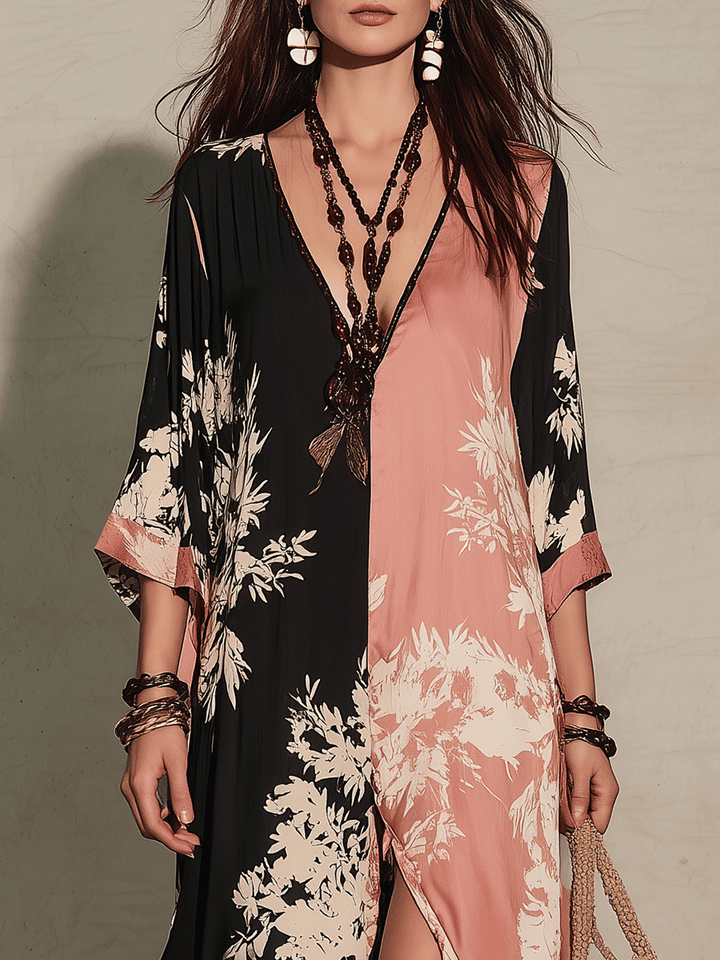 Ropa larga bohemia floreada bicolor con abertura de estilo natural