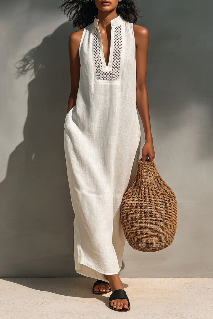 Robe longue minimaliste sans manches pour femme avec encolure ajourée